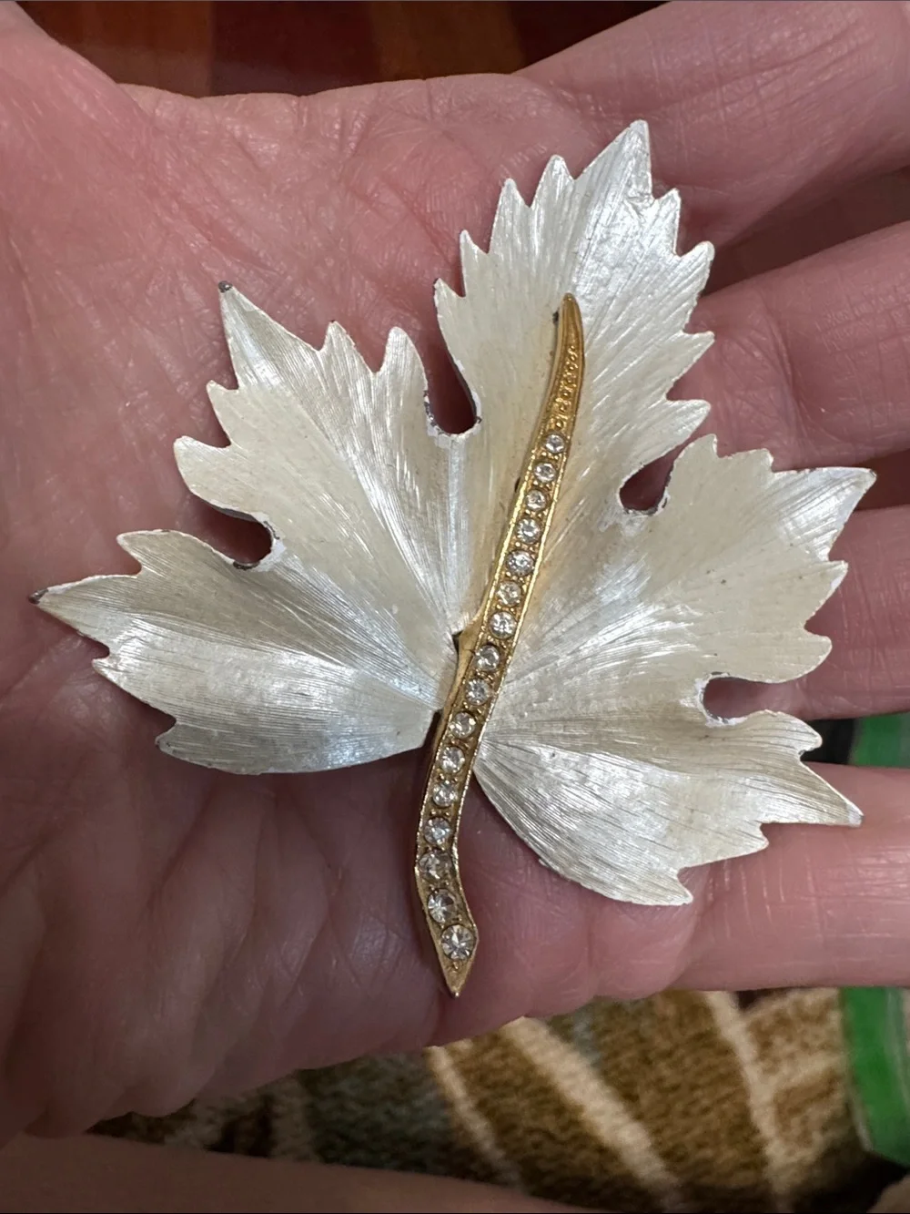 White Leaf Brooch with Crystal and gold tone Stem - Women Accessories